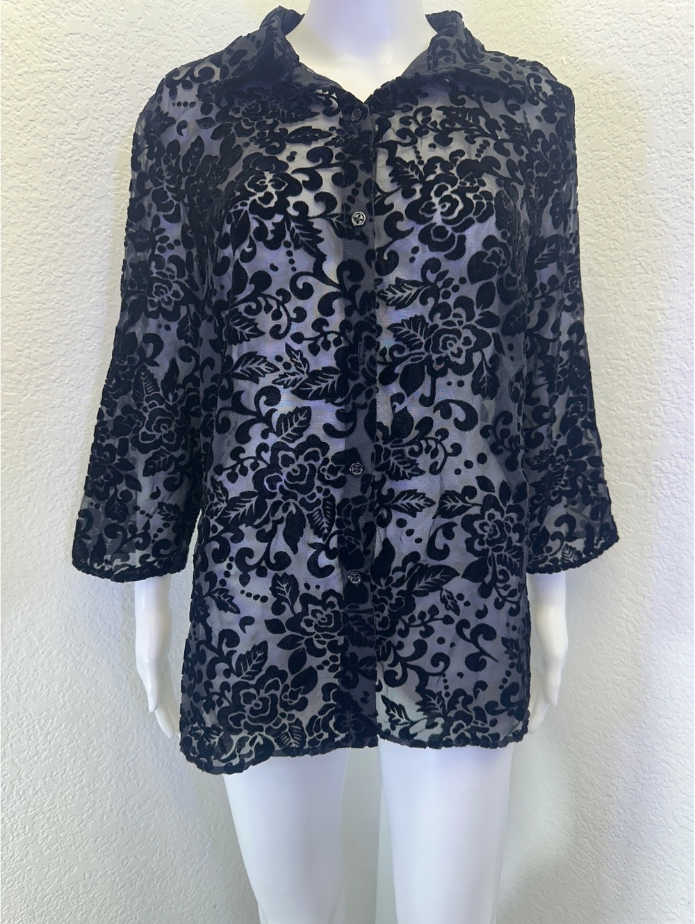 VTG Women’s Sz 10 JM Collection Black Floral Burnout Velvet Tunic Whimsigoth